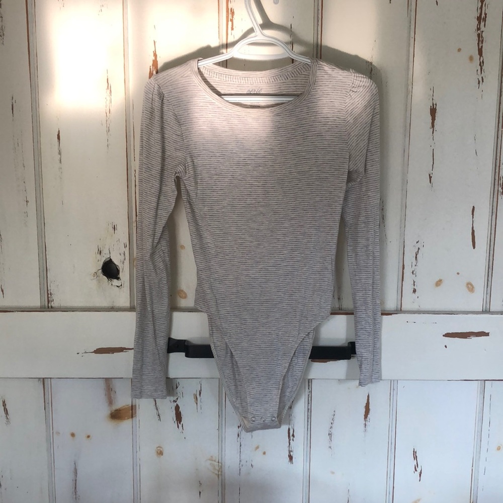 White and Gray Striped Body Suit Long Sleeves